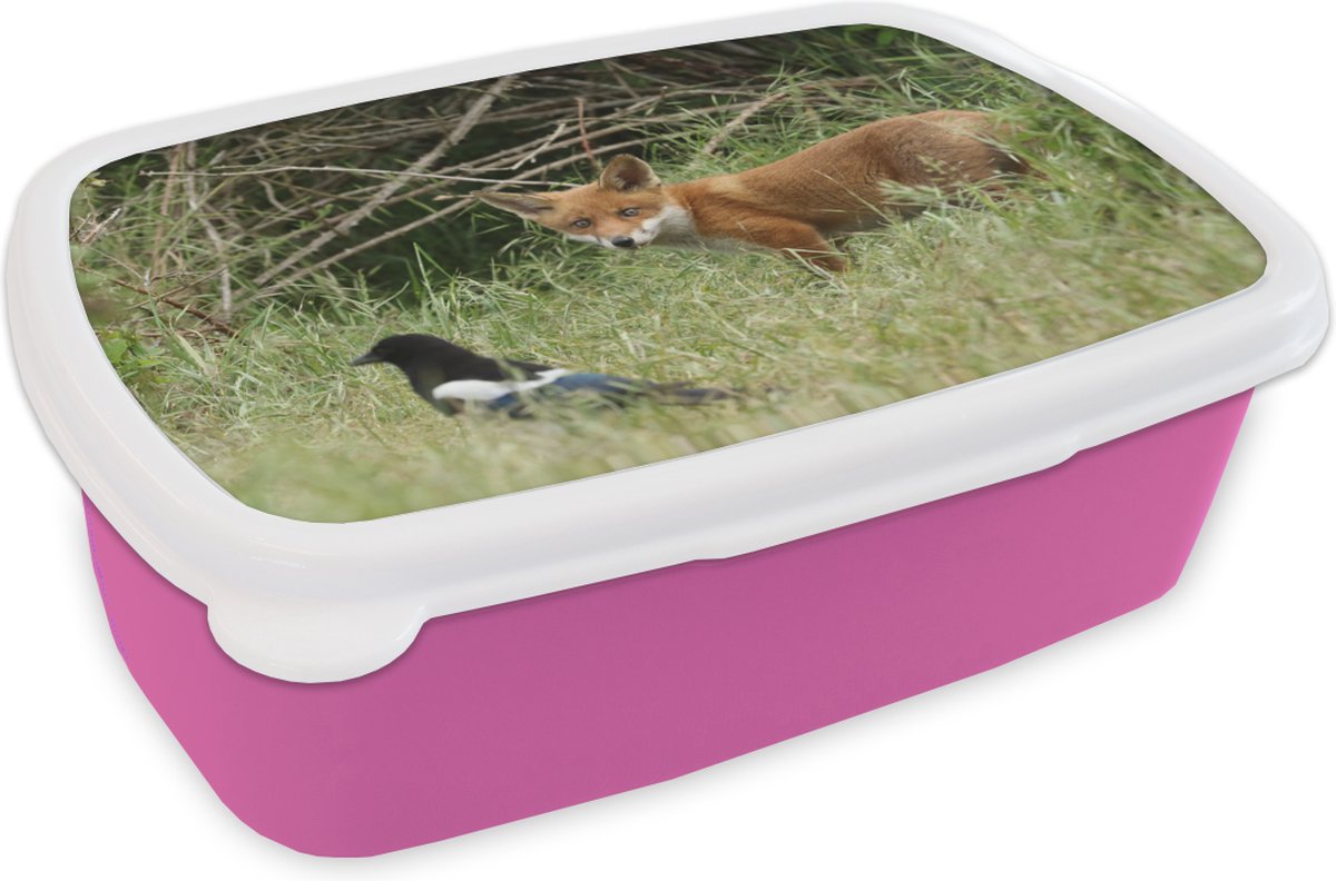 Broodtrommel Roze - Lunchbox - Brooddoos - Dieren - Vogel - Vos - 18x12x6 cm - Kinderen - Meisje
