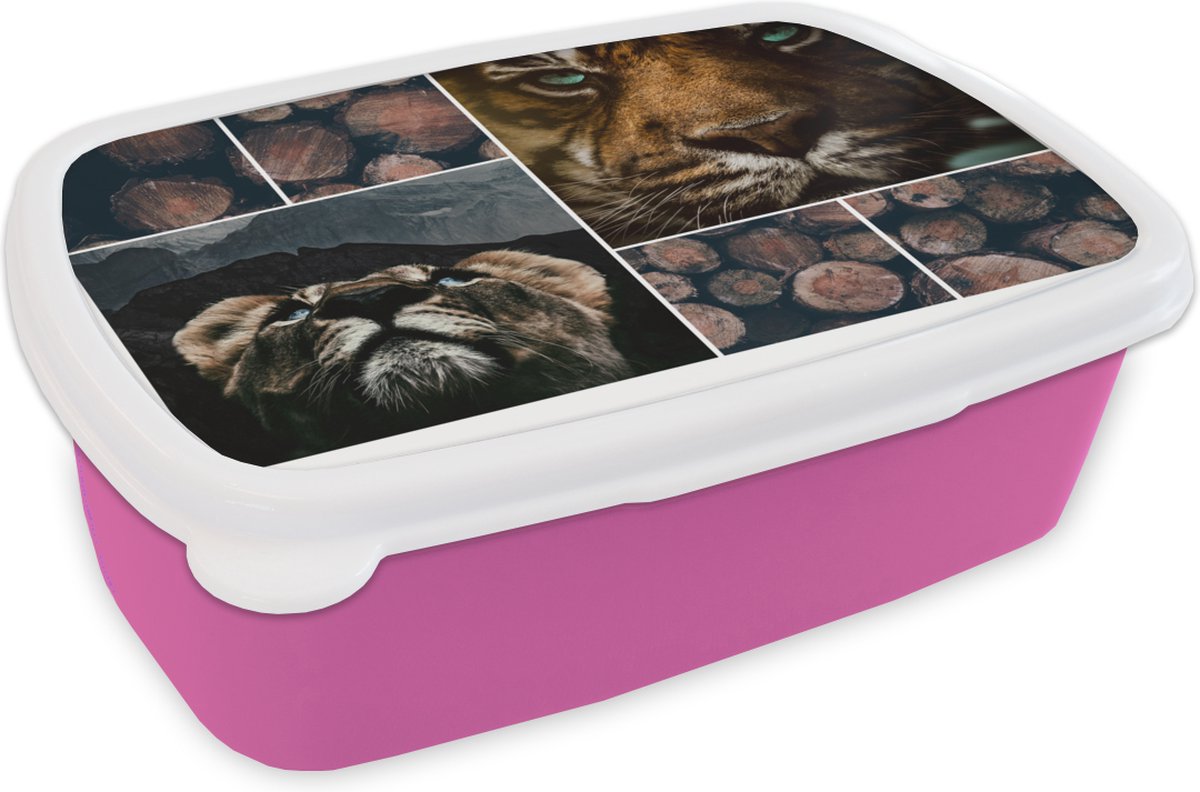Broodtrommel Roze - Lunchbox - Brooddoos - Collage - Tijger - Hout - 18x12x6 cm - Kinderen - Meisje