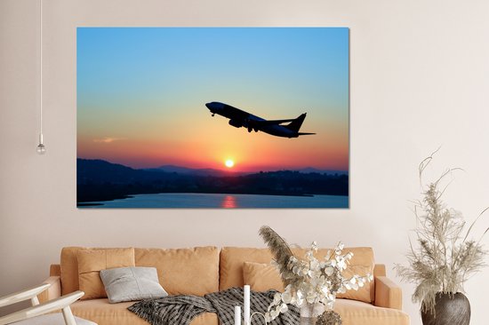 Aluminium schilderij 150x100 cm - Wanddecoratie metaal - Stijgend vliegtuig met een heldere lucht - Metalen muurdecoratie woonkamer - Decoratie industrieel - Foto op dibond - Industriële accessoires slaapkamer