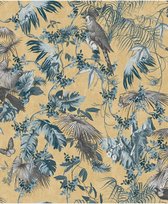 Escapade palm / bird blue / gold animals (papier peint intissé, or)