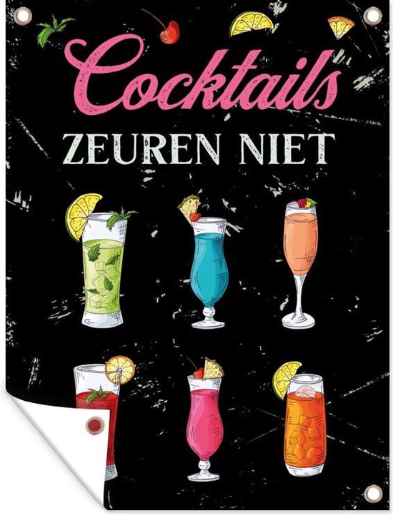 Tuinschilderij Cocktail - Quote - Vintage - 60x80 cm - Tuinposter - Cadeau voor vrouw - Cadeau voor man - Tuindoek - Buitenposter