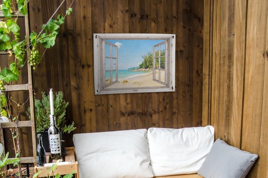 Tuinposter 80x60 cm - Tuindecoratie Doorkijk - Strand - Zand - Poster voor in de tuin - Buiten decoratie - Schutting tuinschilderij - Tuindoek muurdecoratie - Wanddecoratie balkondoek
