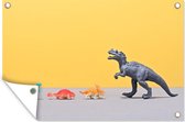 Tuinposters buiten Dinosaurus speelgoed - Regenboog - Geel - 90x60 cm - Tuindoek - Buitenposter