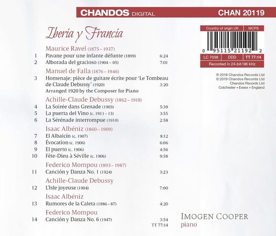 CD-hoes met tracklist en informatie over Iberia y Francia door Imogen Cooper.