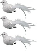 6x stuks decoratie vogels op clip glitter wit 18 cm - Decoratievogeltjes/kerstboomversiering/bruiloftversiering