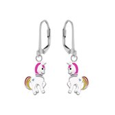 Kinderoorbellen | Eenhoorn oorbellen | Zilveren oorhangers, eenhoorn met geel en oranje staart en roze manen