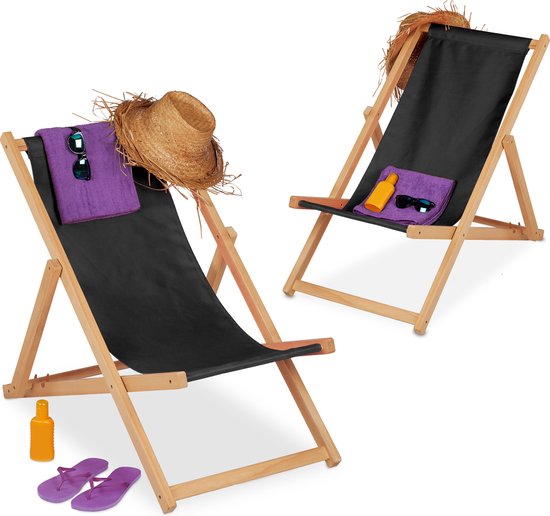Relaxdays strandstoel hout - set van 2 - ligstoel strand - verstelbare klapstoel voor tuin