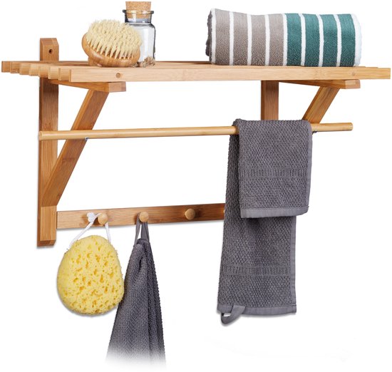 relaxdays Unité murale en bois de bambou salle de bain / cuisine - Armoire-penderie - Etagère 4 crochets à tige.
