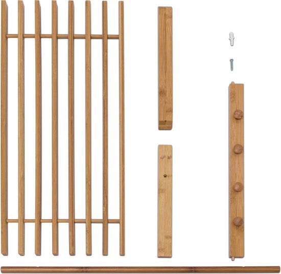 relaxdays Unité murale en bois de bambou salle de bain / cuisine - Armoire-penderie - Etagère 4 crochets à tige.