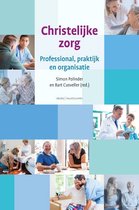 Boek met de titel Christelijke zorg. Collage van zorgscènes: zorgverleners met ouderen, medische consulten.