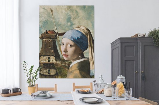 Canvas schilderij 120x160 cm - Wanddecoratie Meisje met de parel - Johannes Vermeer - Molen - Muurdecoratie woonkamer - Slaapkamer decoratie - Kamer accessoires - Schilderijen