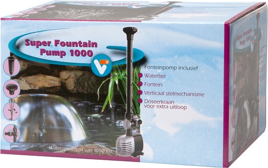 Verpakking van fonteinpomp 1000 met waterbel en fonteinaanzicht. Met tekst 'Wateropbrengst van 1050 l/u'.