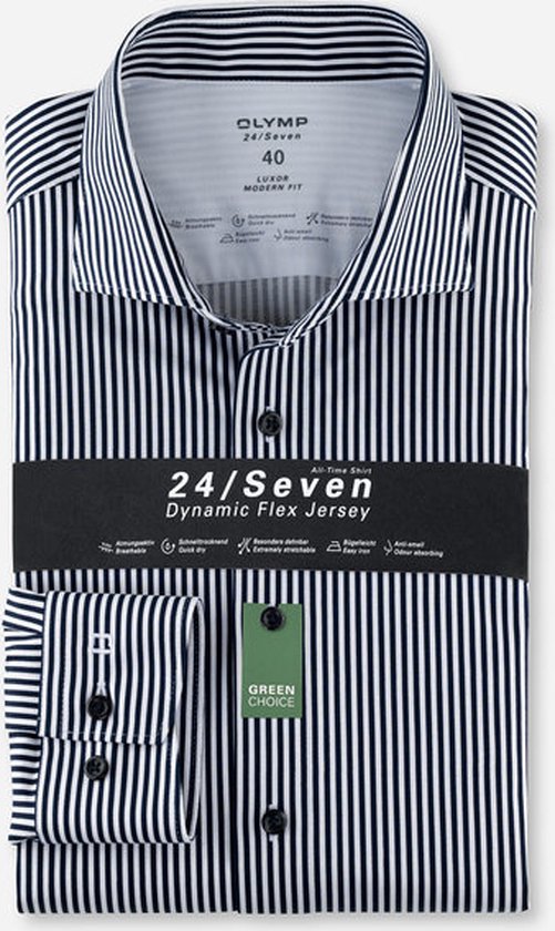 OLYMP Luxor 24/7 modern fit overhemd - tricot - marineblauw gestreept - Strijkvrij - Boordmaat: 40