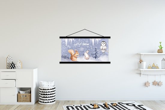 Porte-affiche avec affiche - Affiche scolaire - Hiver - Neige - Animaux - 120x60 cm - Lattes noires