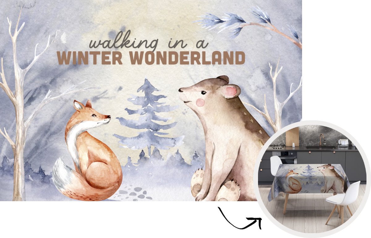 Tafelkleed - Tafellaken - 220x150 cm - Winter - Vos - Beer - Sneeuw - Binnen en Buiten