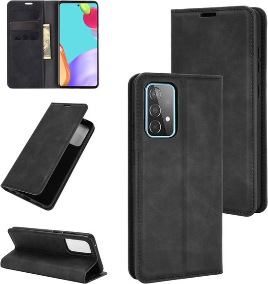 Étui portefeuille noir en cuir avec fentes pour cartes, utilisable en position verticale et horizontale.