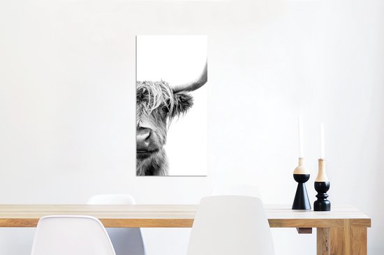 Décoration murale Métal - Aluminium Peinture Industrielle - Highlander écossais - Animaux - Zwart - Wit - 40x80 cm - Dibond - Photo sur aluminium - Décoration murale industrielle - Pour le salon / chambre