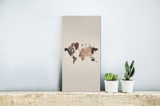 Décoration murale Métal - Peinture Aluminium - Wereldkaart - Bois - Marron - 20x40 cm