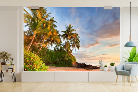Vinyl Papier peint photo - Palmiers pendre malhonnêtement sur la plage de Hawaii, USA largeur 360 cm x hauteur 240 cm - photo impression sur fond d' écran (disponible en 7 tailles)