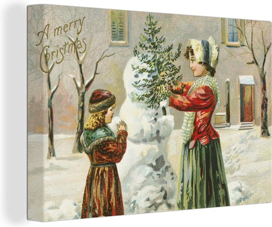 Canvas Schilderij Kerst - Sneeuw - Kerstkaart - 90x60 cm - Wanddecoratie