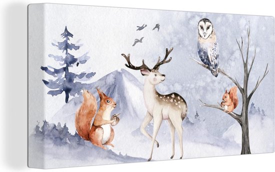 Canvas Schilderij Winter - Hert - Eekhoorn - 80x40 cm - Wanddecoratie