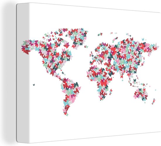 Canvas Wereldkaart - 40x30 - Wanddecoratie Wereldkaart - Vlinders - Kleuren