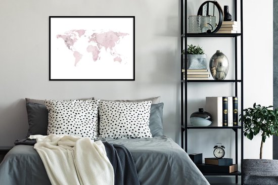 Affiche avec cadre Wereldkaart - Rose - Marbre - 80x60 cm