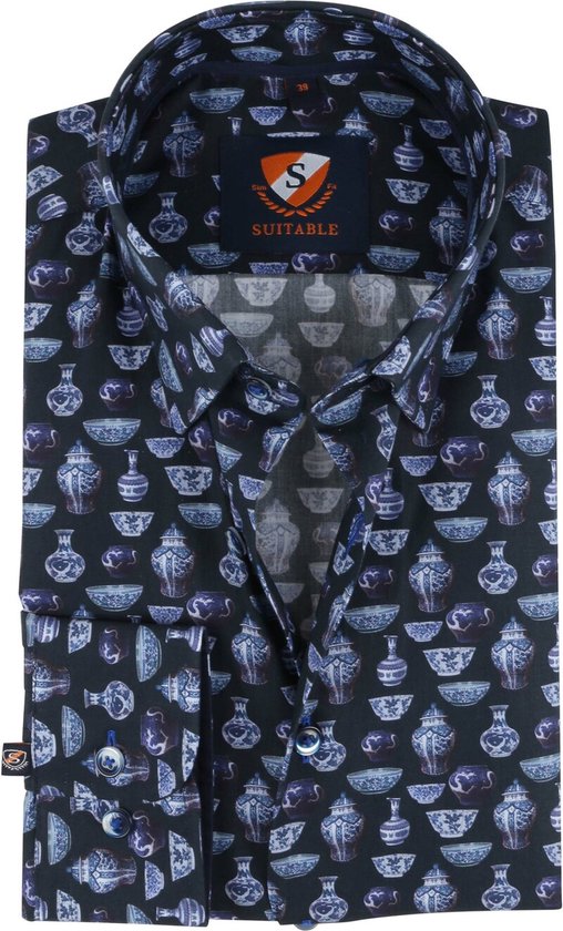 Suitable - Overhemd Smart China Donkerblauw - 40 - Heren - Slim-fit