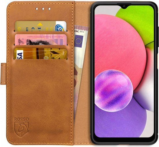 Rosso Element Book Case Wallet Hoesje Geschikt voor Samsung Galaxy A03s | Portemonnee | 3 Pasjes | Magneetsluiting | Stand Functie | Licht Bruin