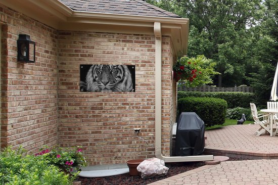 Affiche de jardin Profil animal Tigre de Sumatra en noir et blanc - 80x40 cm - Décoration murale Outdoor - Affiche de jardin - Toile de jardin - Affiche de clôture - Peinture de jardin