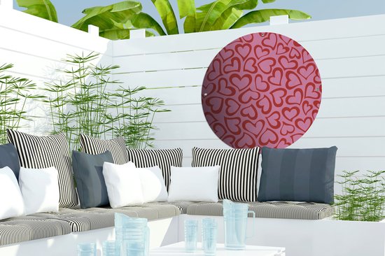 Affiche de jardin ronde Illustration de Hartjes - Une illustration de papier peint avec des coeurs rouges Affiche de jardin - Affiche de jardin ronde 60x60 cm - Toile de jardin/Toile d'extérieur/ Peintures pour l'extérieur (décoration de jardin)