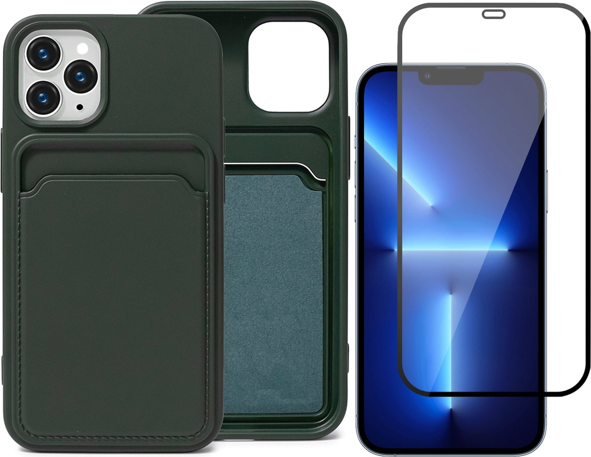 Groen Pasjeshouder Hoesje geschikt voor Apple iPhone 13 Pro Max - Screenprotector Glas - Case met Pasjeshouder