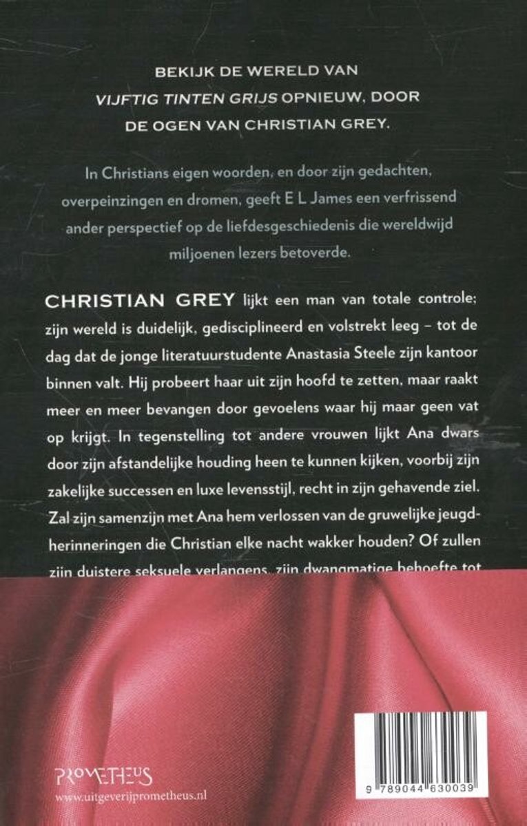 Boekcover met de titel 'VIJFTIG TINTEN GRIJS OP[...] DOOR DE OGEN VAN CHRISTIAN GREY'. Beschrijft het verhaal.