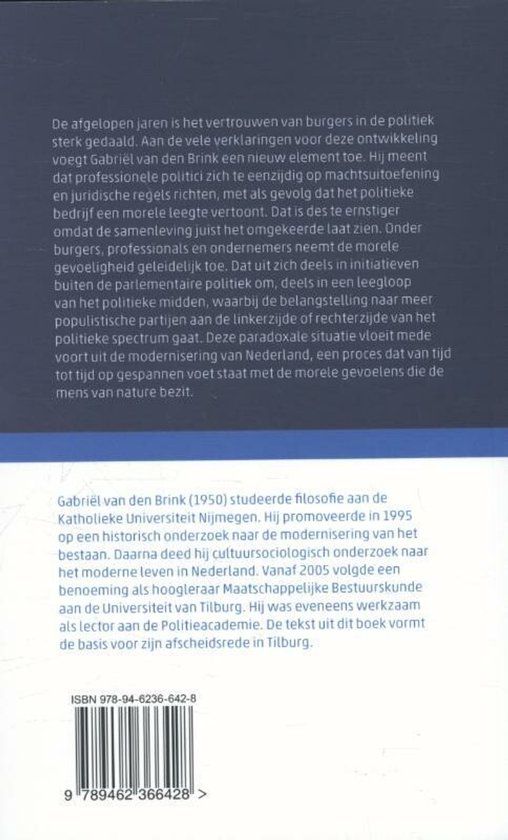 Achterkant van een boek met tekst over de auteur Gabriël van den Brink en een ISBN-nummer.