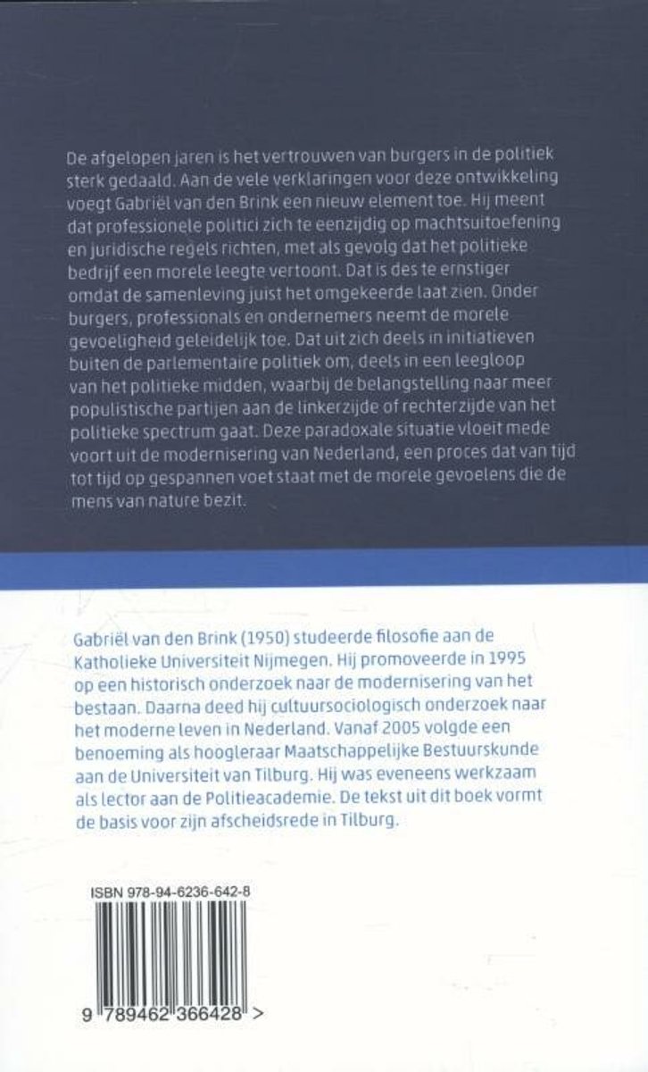 Achterkant van een boek met tekst over de auteur Gabriël van den Brink en een ISBN-nummer.