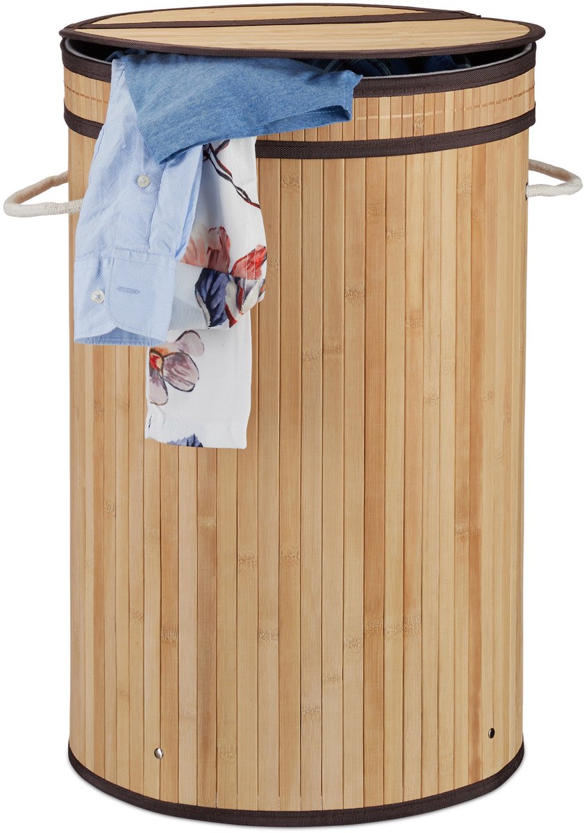 wasmand - 65 l - bamboe - met klapdeksel - handgrepen - opvouwbaar - natuur