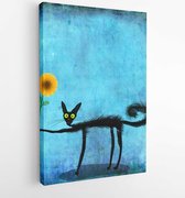 Een heel schattig wenskaartje: een zwarte dunne kat die een gele bloem vasthoudt op de mooie donkerblauwe achtergrond. - Modern Art Canvas - Verticaal - 1184871634 - 80*60 Vertical