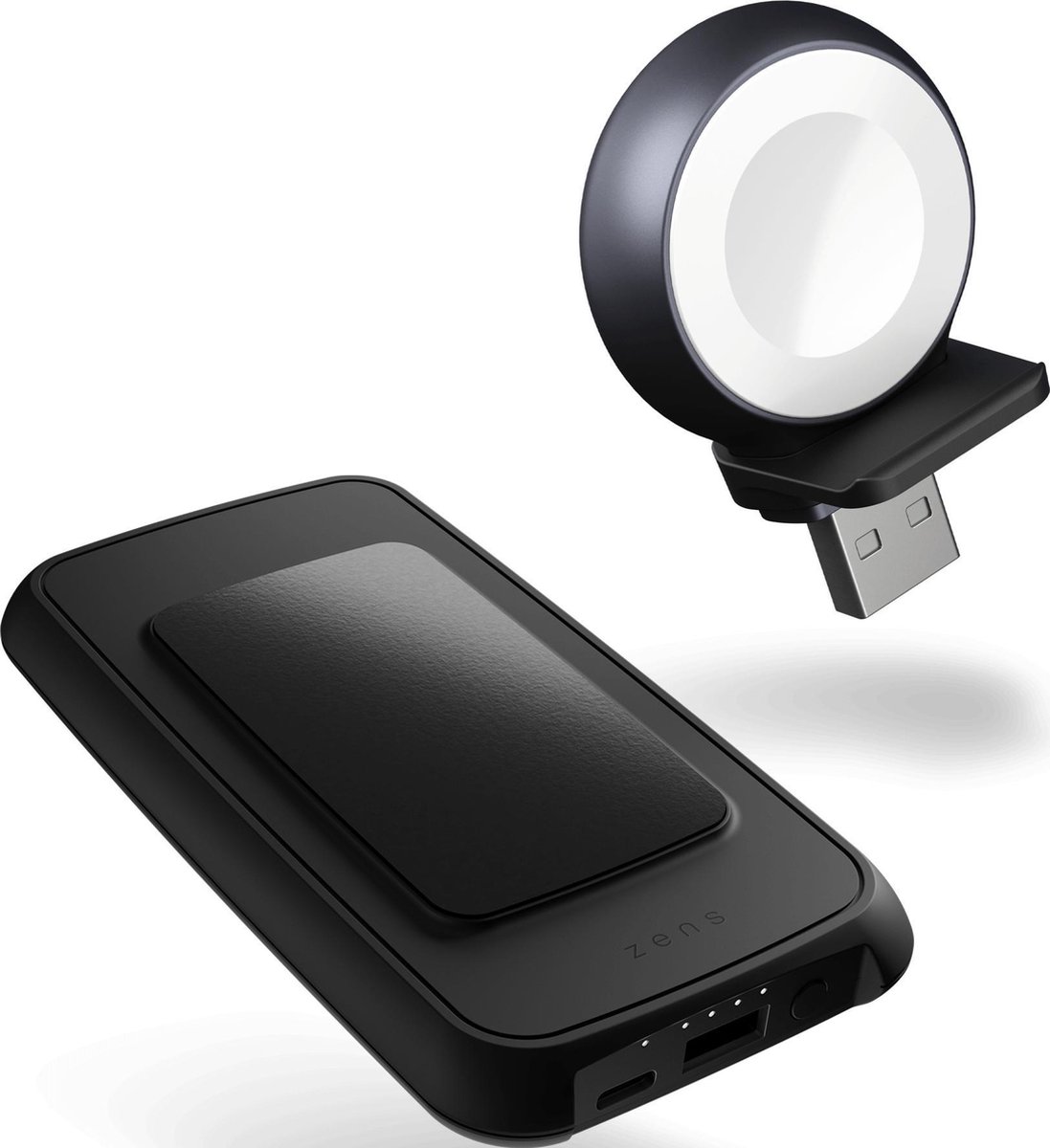Zens Bundel: Draadloze QI powerbank 4500 mAh + Apple Watch USB-stick - geschikt voor iPhone 14/13/12/11/X/XR/XS/8 | QI Android gsm | Apple Watch series 1,2,3,4,5,6,7 en SE