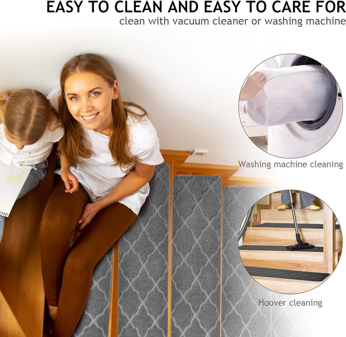 Traploopmatten, antislip trapmatten voor houten trappen, zelfklevend traptapijt, antislip trapmatten voor kinderen, 76 x 20 cm (15 stuks-03