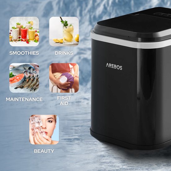 AREBOS Eiswürfelmaschine Ice Cube Maker 12 kg / 24 h 10-15 Minuten Produktionszeit 2 Eiswürfel-Größen 2,2 Liter Wassertank Eiswürfelbereiter Leise Selbstreinigungsfunktion Silber