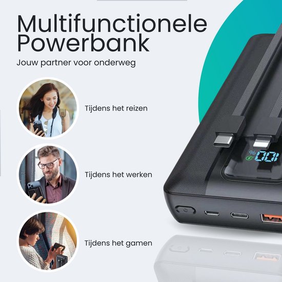 Siltcon® Powerbank 30000 mAh– Powerbanks 22.5W Snellader - USB-A/USB-C - LED Indicatie - Noodpakket - Universeel - Ingebouwde kabels