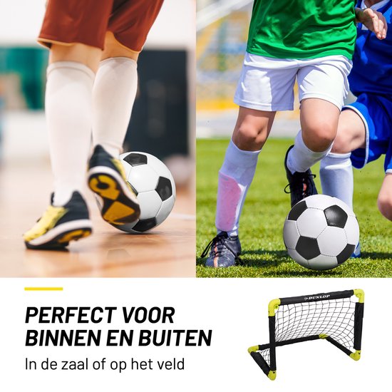 Collage van beelden: kinderen die voetballen, een doel. Tekst: 'PERFECT VOOR BINNEN EN BUITEN'.
