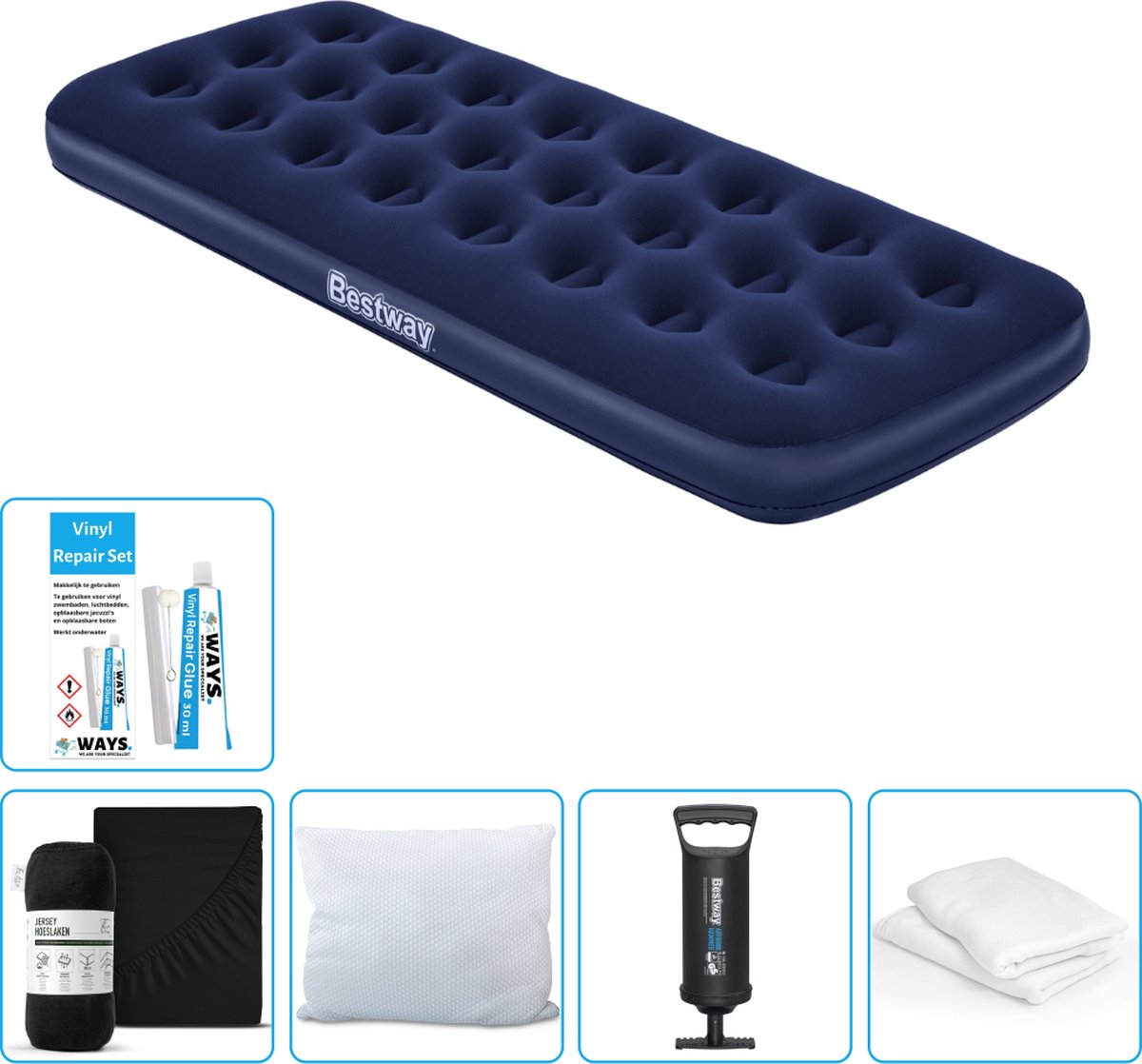 Bestway luchtbed - 1-Persoons - 76 x 185 x 22 cm - Blauw - Inclusief Hoeslaken - Kussen - Kussenbeschermer - Pomp en Reparatieset