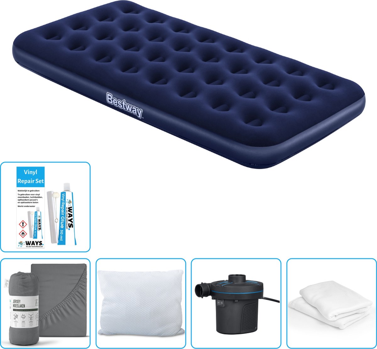 Bestway luchtbed - 1-Persoons - 99 x 188 x 22 cm - Blauw - Inclusief Hoeslaken - Kussen - Kussenbeschermer - Pomp en Reparatieset