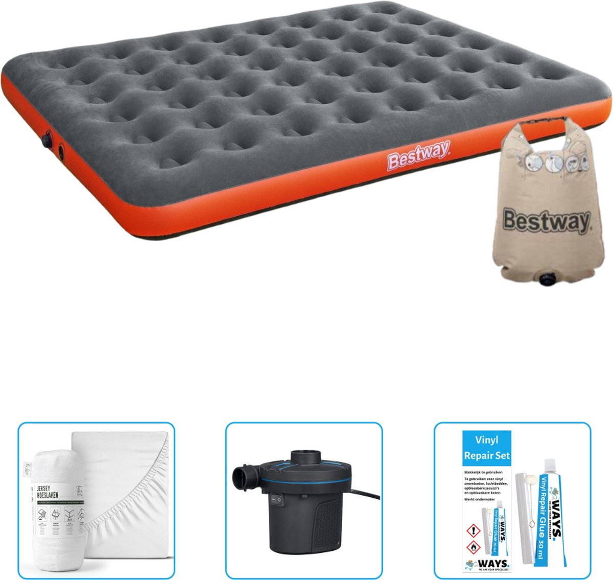 Bestway luchtbed - 2-Persoons - 152 x 203 x 22 cm - Grijs/Oranje - Inclusief Hoeslaken - Pomp en Reparatieset