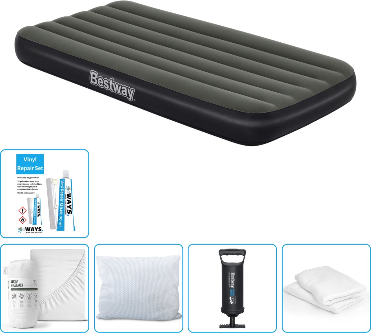 Bestway luchtbed - 1-Persoons - 99 x 188 x 28 cm - Blauw - Inclusief pomp - Hoeslaken - Kussen - Kussenbeschermer - Pomp en Reparatieset