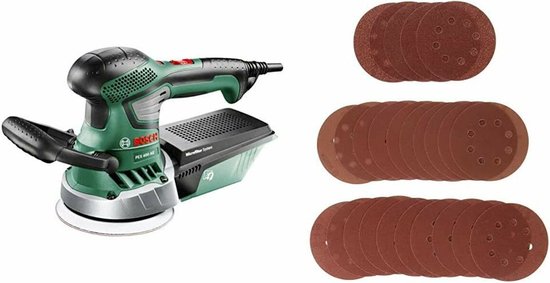 Groene Bosch schuurmachine met snoer en een stapel schuurschijven.