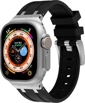 Strap-it luxe liquid siliconen bandje geschikt voor de Apple Watch 1/2/3/4/5/6/7/8/9/SE/Ultra (2) in de maat 42 mm 44 mm 45 mm 49 mm - luxe rubberen iWatch sport bandje met titanium aansluiting (zwart met zilver)