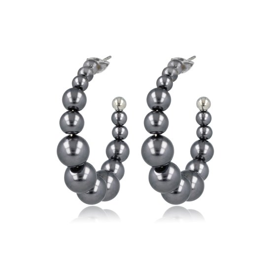 *30 mm grote zwarte pareloorbellen - edelstaal - Elegante open oorring in het zilverkleurig met zwarte parels - Met luxe cadeauverpakking