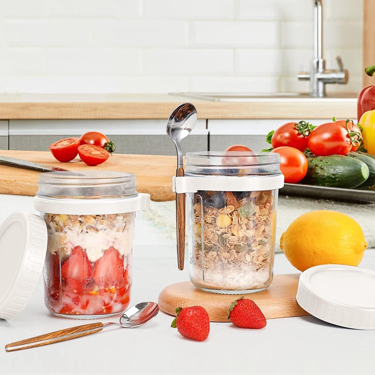 Lot De 6 Pots En Verre Hermétiques Pour Overnight Oats - 3x350ml + 3x480ml - Avec Couvercles Colorés - Lave-vaisselle